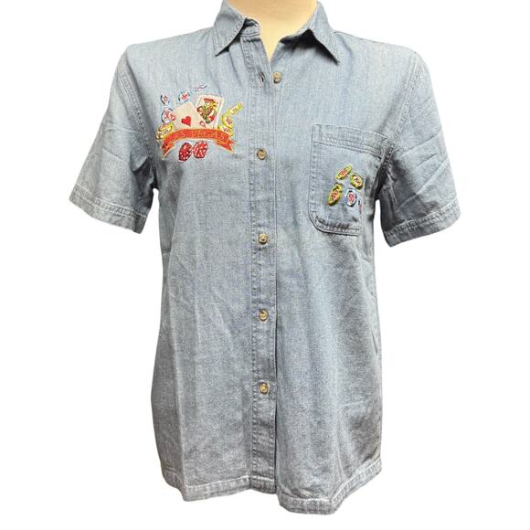 Bay Beauty Vintage Las Vegas Short Sleeve Button Up Shirt Chambray Blue Medium - Picture 1 of 7